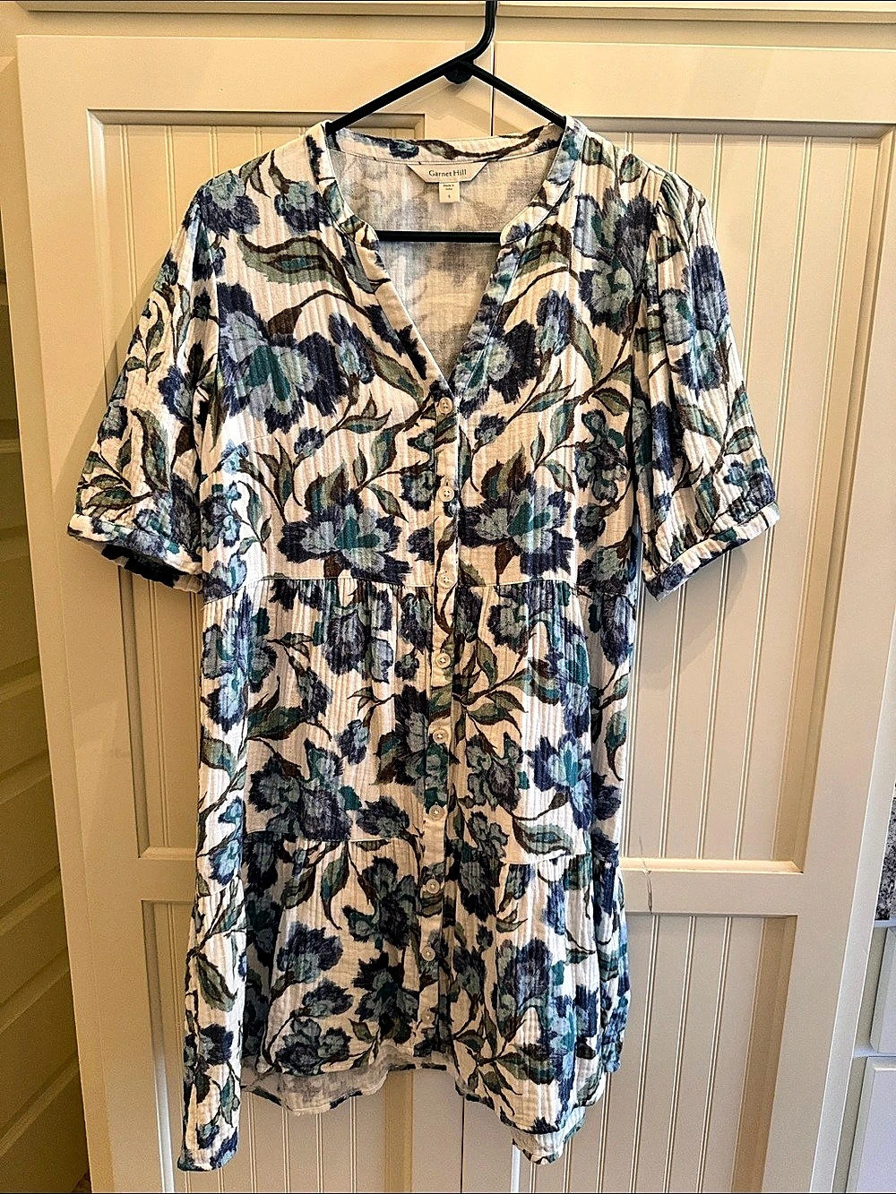 Garnet Hill Organic-Cotton Tiered Shirtdress Floral Mini Dress Blue & Cream Size